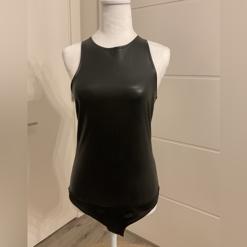 *Avec Les Filles *Black Faux Leather Tank Top bodysuit